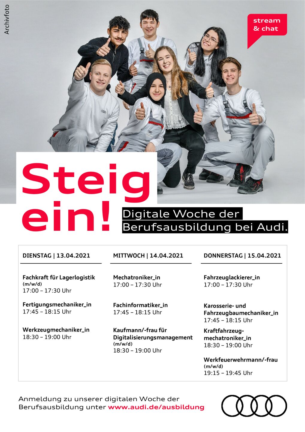 Termine zur digitalen Woche der Berufsausbildung bei Audi Ingolstadt