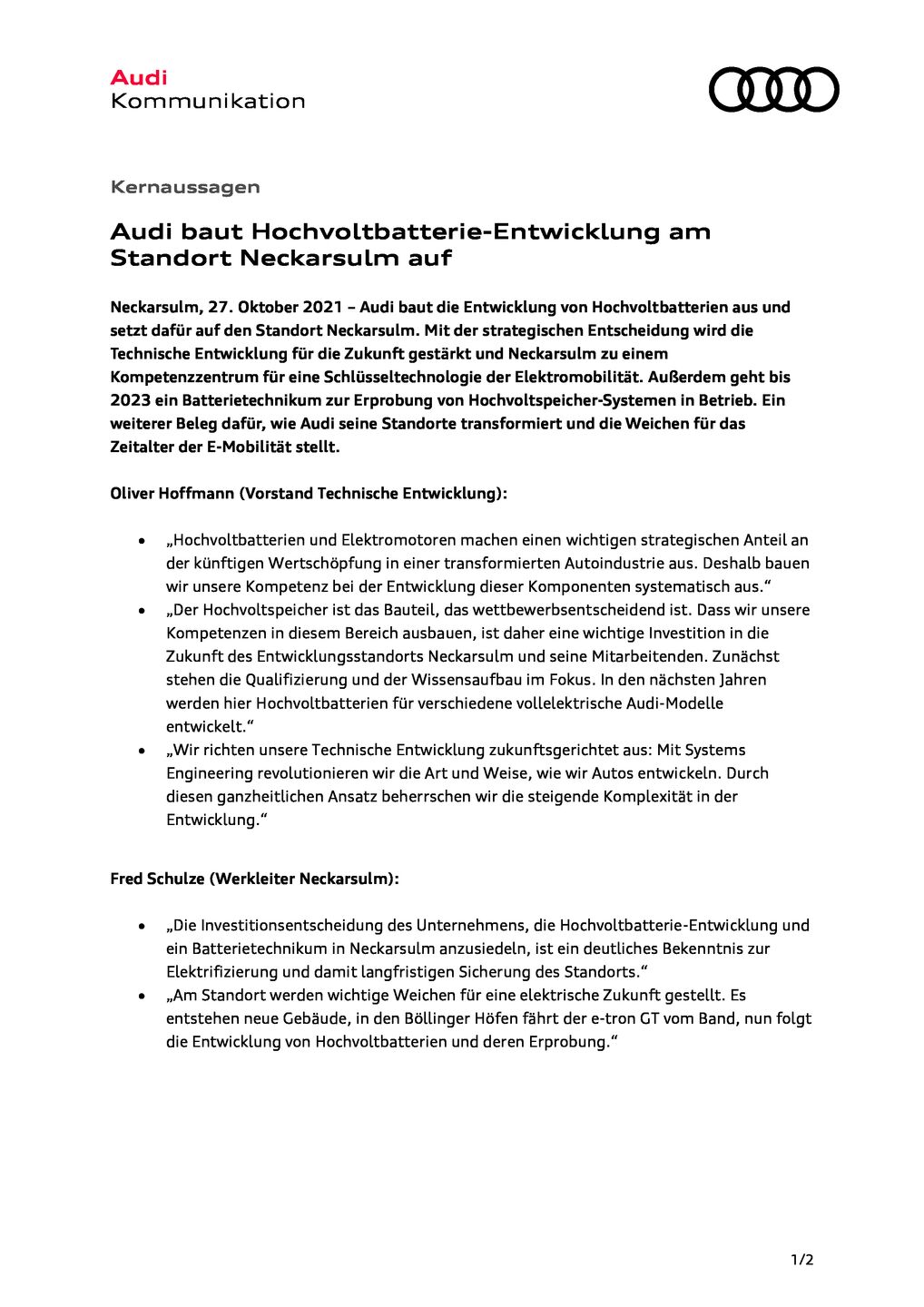 Audi baut Hochvoltbatterie-Entwicklung am Standort Neckarsulm auf