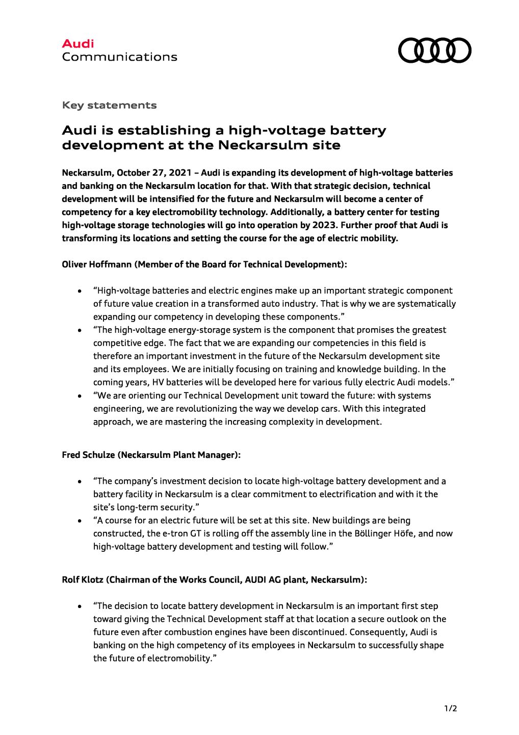 Audi is establishing a high-voltage battery development at the Neckarsulm site