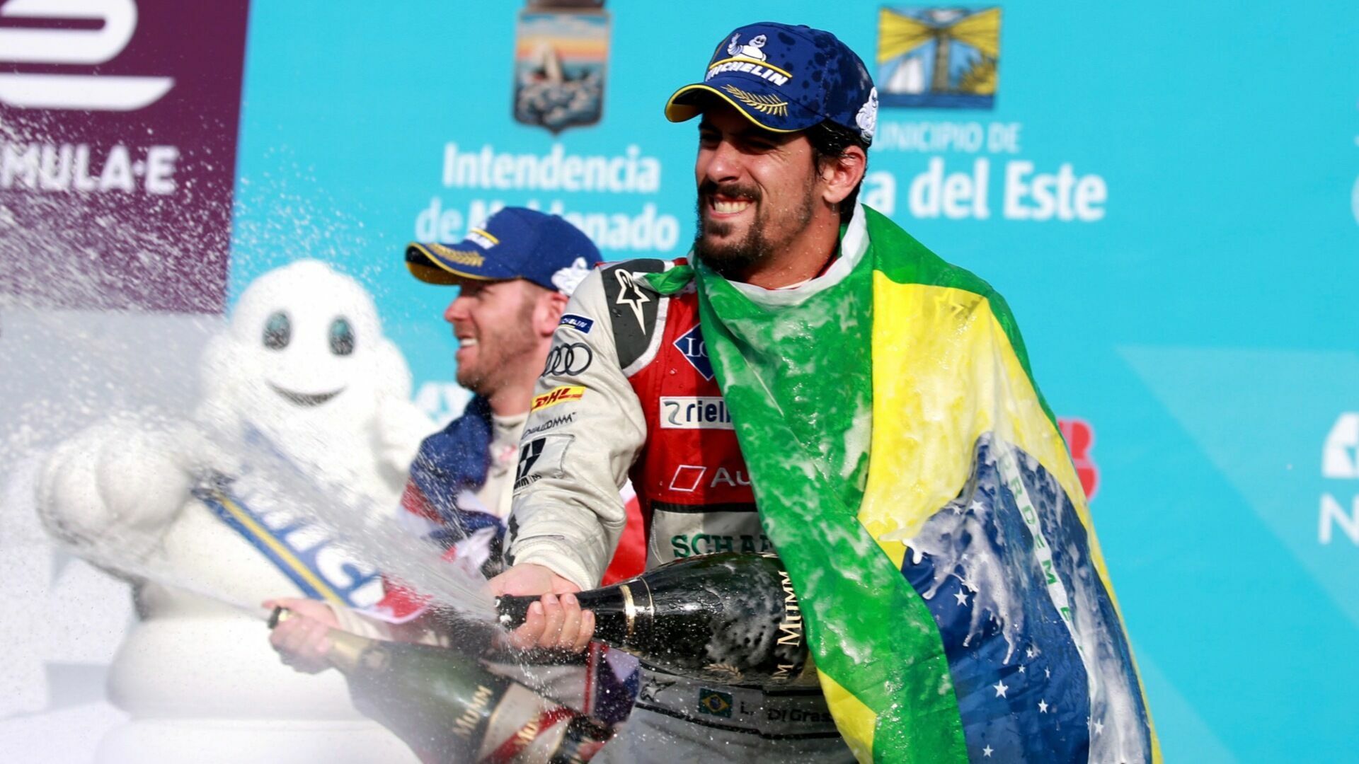 Champion Lucas di Grassi on the winners podium at the E-Prix in Uruguay